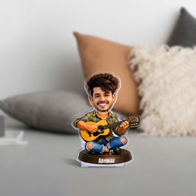 Personalized Bobblehead Caricature with Guitar, Custom Name Stand Home Tabletop Decor Battery Powered Moving Head Feature Gift for Guitar Lover